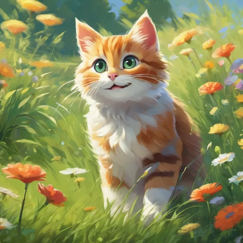 A clever cat with bright eyes and a playful demeanor, often seen in a sunny meadow the cat playing and prancing in the meadow with a joyful expression.