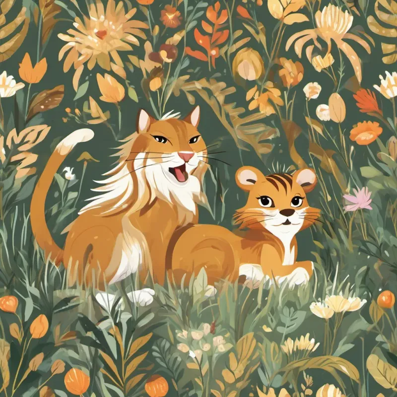 A clever cat with bright eyes and a playful demeanor, often seen in a sunny meadow, A small chipmunk with a nut-brown coat and bright, curious eyes, and A friendly lion with a calm and gentle smile, searching for his inner roar celebrating with joy as A friendly lion with a calm and gentle smile, searching for his inner roar roars proudly in the forest.