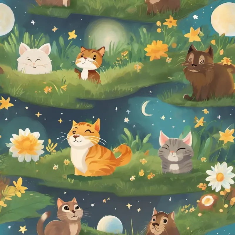 A clever cat with bright eyes and a playful demeanor, often seen in a sunny meadow, A small chipmunk with a nut-brown coat and bright, curious eyes, and A friendly lion with a calm and gentle smile, searching for his inner roar singing happily under a night sky with stars and a bright moon.