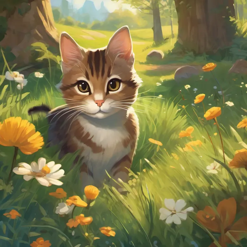 A clever cat with bright eyes and a playful demeanor, often seen in a sunny meadow the cat encountering a small chipmunk named A small chipmunk with a nut-brown coat and bright, curious eyes with a curious look.