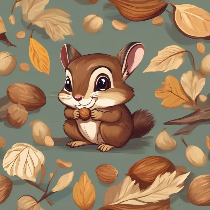 A small chipmunk, A small chipmunk with a nut-brown coat and bright, curious eyes, with a nut-brown coat, stuffing nuts into his cheeks.