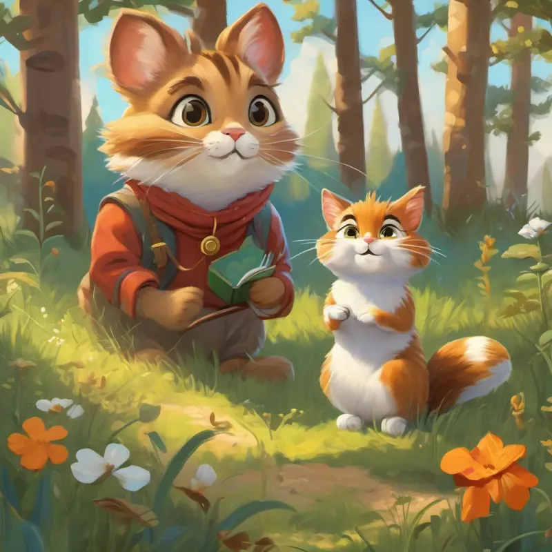A clever cat with bright eyes and a playful demeanor, often seen in a sunny meadow the cat talking to A small chipmunk with a nut-brown coat and bright, curious eyes the chipmunk, both looking excited and ready for an adventure.