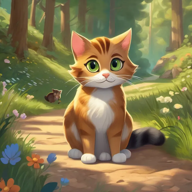 A clever cat with bright eyes and a playful demeanor, often seen in a sunny meadow and A small chipmunk with a nut-brown coat and bright, curious eyes exploring a dense, whimsical forest with curvy paths.