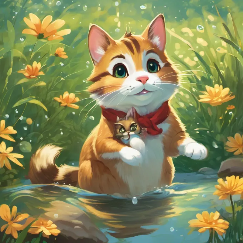 A clever cat with bright eyes and a playful demeanor, often seen in a sunny meadow the cat and A small chipmunk with a nut-brown coat and bright, curious eyes the chipmunk leaping over a sparkling stream, water splashing around.