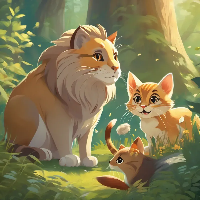 A clever cat with bright eyes and a playful demeanor, often seen in a sunny meadow and A small chipmunk with a nut-brown coat and bright, curious eyes meeting a friendly lion with a calm and smiling face in the forest.