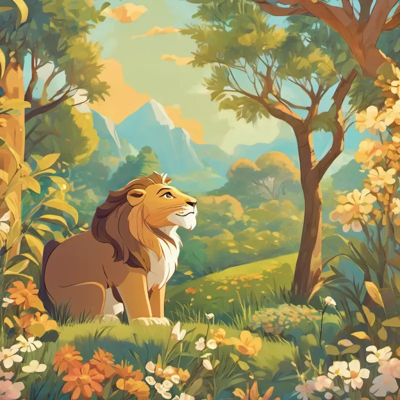 A friendly lion with a calm and gentle smile, searching for his inner roar the lion looking at A clever cat with bright eyes and a playful demeanor, often seen in a sunny meadow and A small chipmunk with a nut-brown coat and bright, curious eyes with a gentle smile, asking for help.