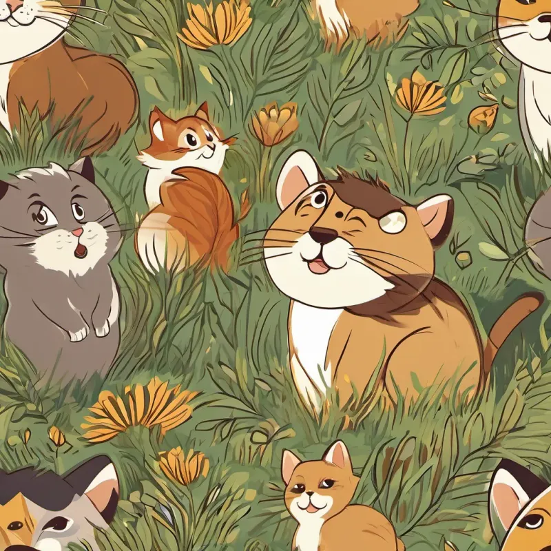 A clever cat with bright eyes and a playful demeanor, often seen in a sunny meadow the cat and A small chipmunk with a nut-brown coat and bright, curious eyes the chipmunk encouraging A friendly lion with a calm and gentle smile, searching for his inner roar the lion with kind expressions.