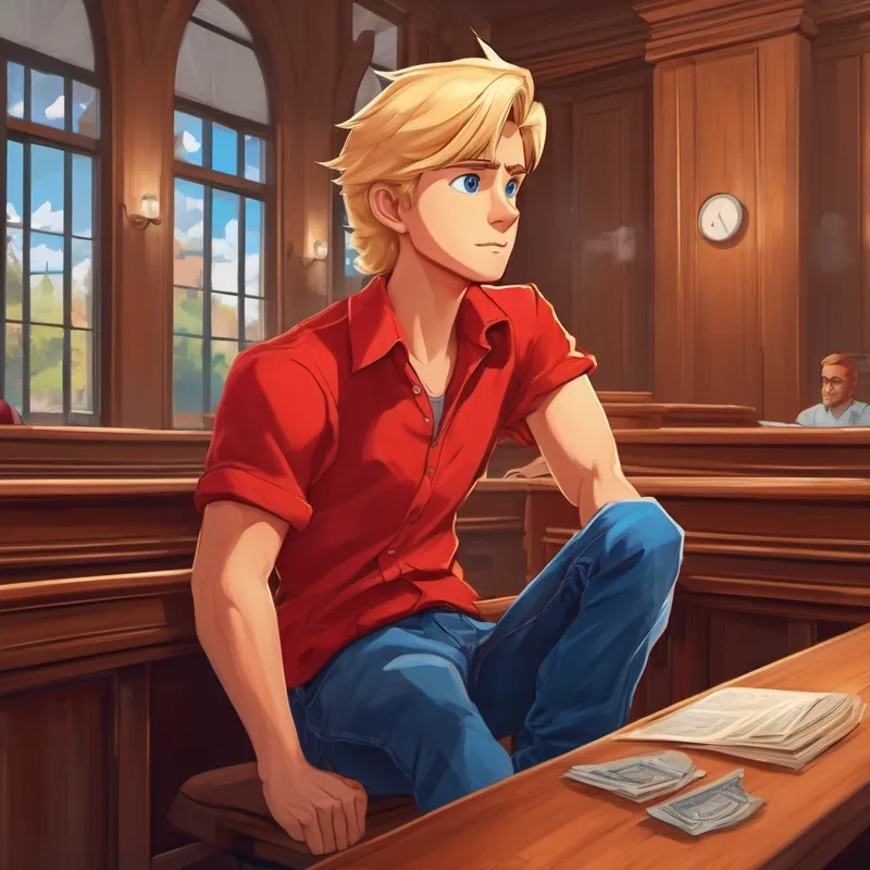 Blond hair, blue eyes, wearing a red shirt and blue jeans in a courtroom, facing the accusation of cheating in his video game records