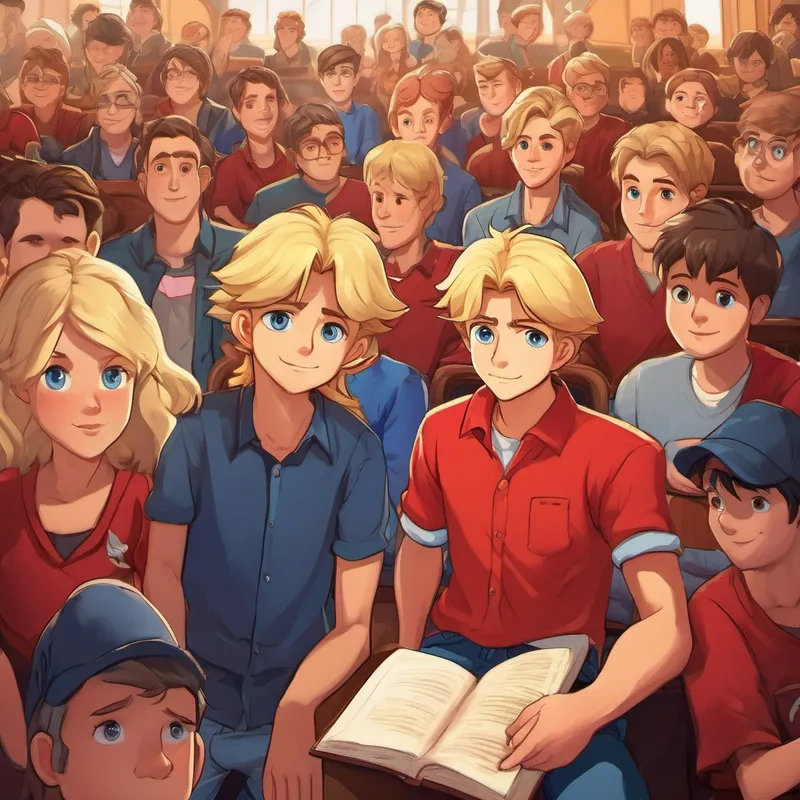 Blond hair, blue eyes, wearing a red shirt and blue jeans surrounded by his friends and family, showing their support in the courtroom
