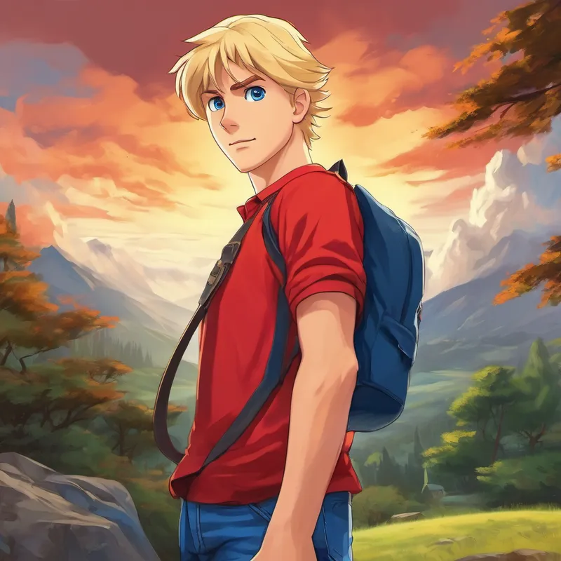 Blond hair, blue eyes, wearing a red shirt and blue jeans with a determined look, ready to start again and prove himself