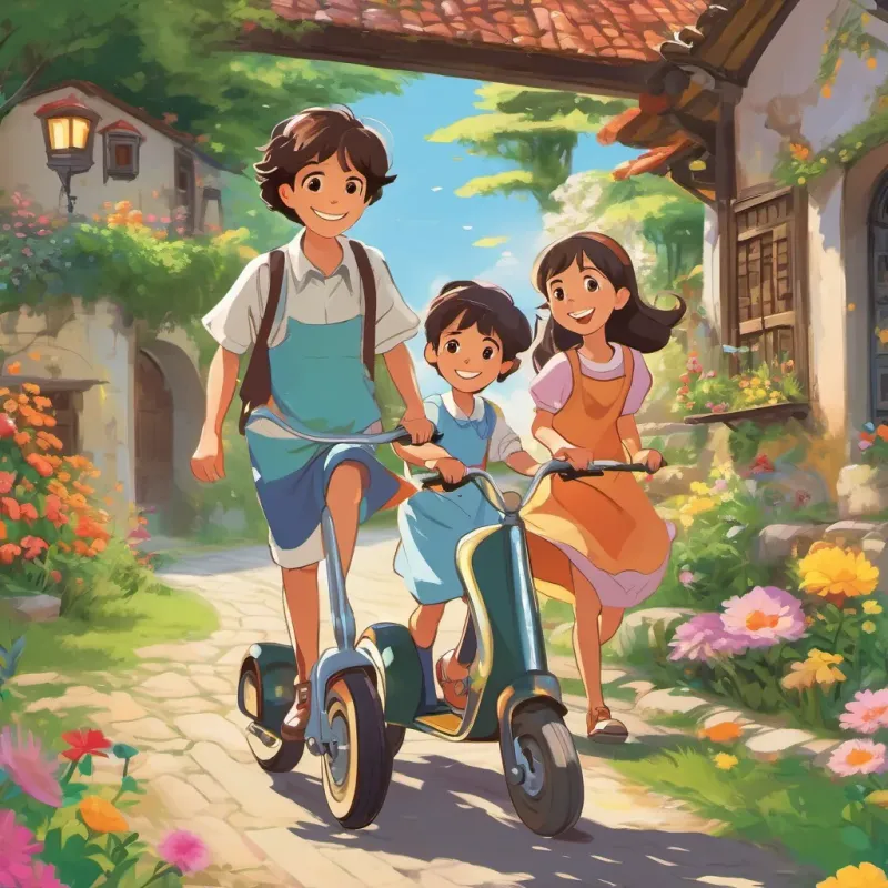 A picturesque village with lush greenery, vibrant flowers, and bright sunshine. Two happy children, A young girl with bright eyes and a big smile, wearing a colorful dress and chasing butterflies and A young boy with an enthusiastic smile, riding a scooter with wind-blown hair, smiling and holding hands.
