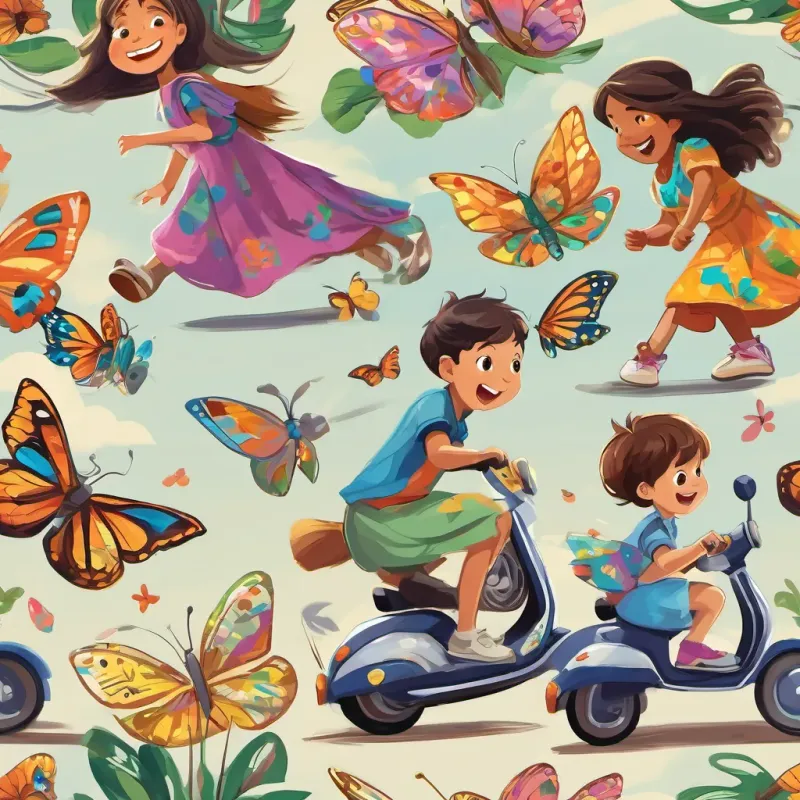 A young girl with bright eyes and a big smile, wearing a colorful dress and chasing butterflies chasing colorful butterflies with a joyful expression. A young boy with an enthusiastic smile, riding a scooter with wind-blown hair riding a scooter, zooming past, with wind in his hair and a wide grin.