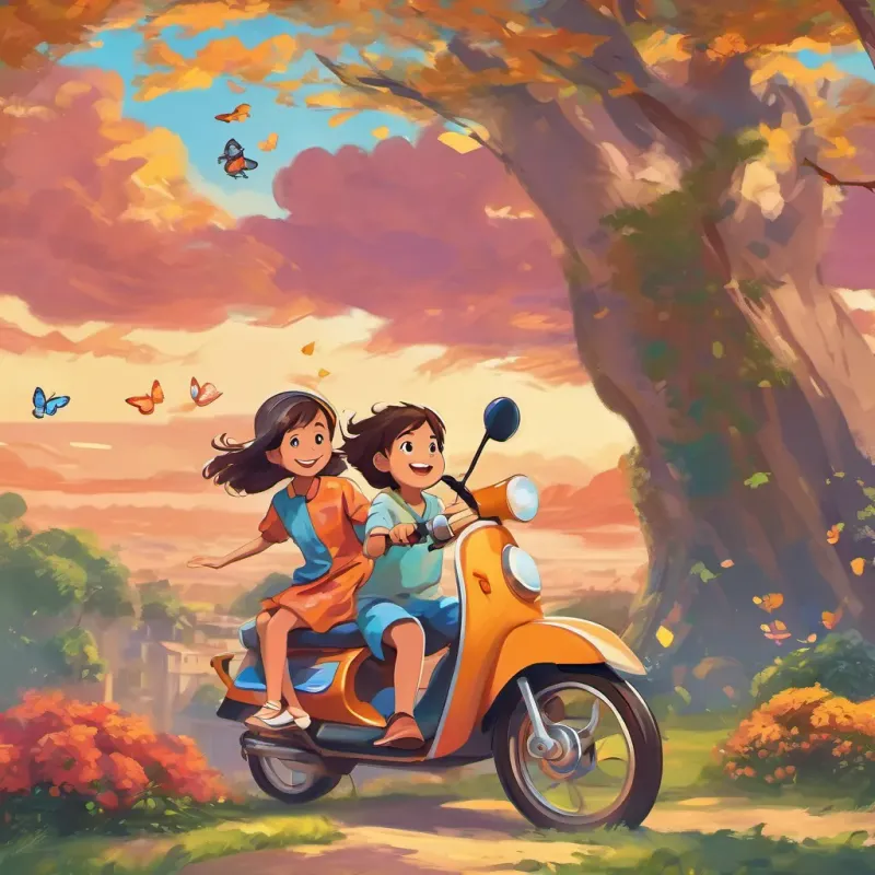 A beautiful sunset with the sky in warm shades. A young girl with bright eyes and a big smile, wearing a colorful dress and chasing butterflies and A young boy with an enthusiastic smile, riding a scooter with wind-blown hair waving goodbye to the giggling tree with content smiles.