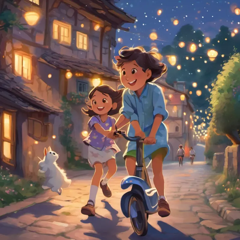 A young girl with bright eyes and a big smile, wearing a colorful dress and chasing butterflies and A young boy with an enthusiastic smile, riding a scooter with wind-blown hair walking back to their village, surrounded by soft twilight. Village lights twinkling in the background, like stars.