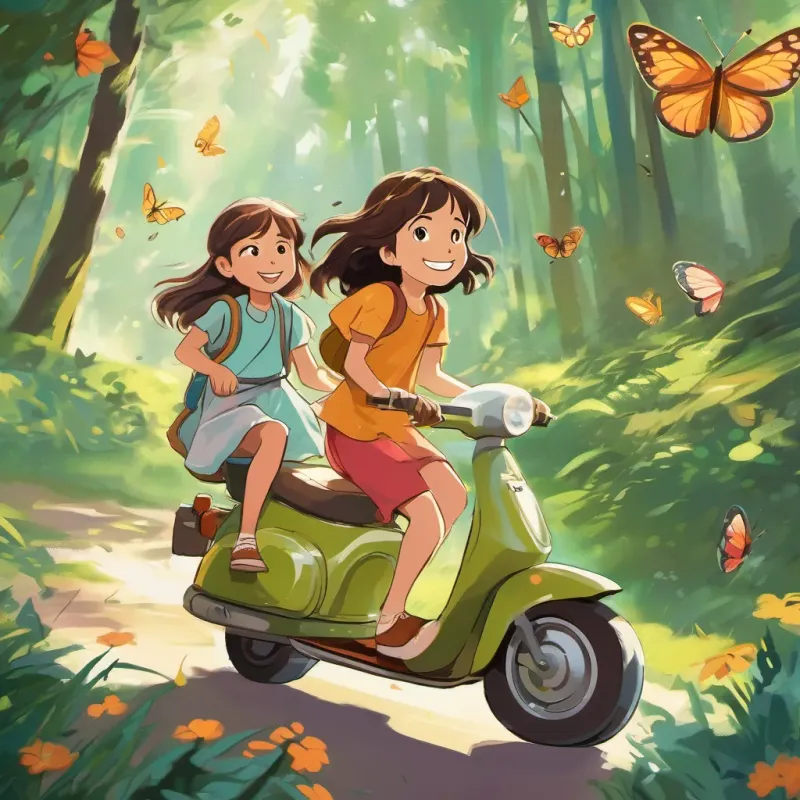 A sunny morning scene with A young girl with bright eyes and a big smile, wearing a colorful dress and chasing butterflies and A young boy with an enthusiastic smile, riding a scooter with wind-blown hair in high spirits, looking towards a dense, mystical forest in the background.