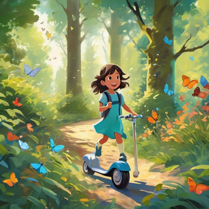 A magical forest with trees that seem to dance and leaves that whisper. A young girl with bright eyes and a big smile, wearing a colorful dress and chasing butterflies and A young boy with an enthusiastic smile, riding a scooter with wind-blown hair standing in awe, listening intently.