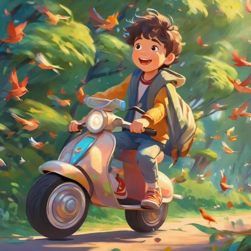 Close-up of A young boy with an enthusiastic smile, riding a scooter with wind-blown hair's excited face. Surrounding trees filled with vivid colors and birds chirping, leaves rustling.