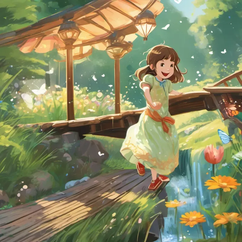 An old wooden bridge over a sparkling brook. A young girl with bright eyes and a big smile, wearing a colorful dress and chasing butterflies and A young boy with an enthusiastic smile, riding a scooter with wind-blown hair looking down in amazement at the bubbling, singing water.