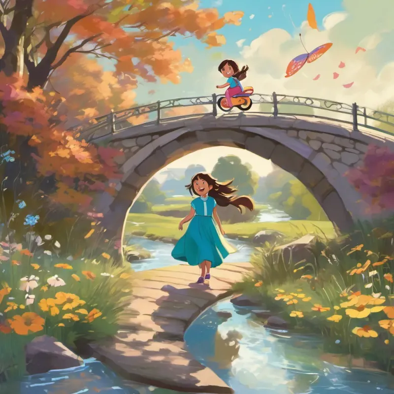 A young girl with bright eyes and a big smile, wearing a colorful dress and chasing butterflies and A young boy with an enthusiastic smile, riding a scooter with wind-blown hair crossing the creaky bridge, mid-step, with looks of delight and concentration. The bridge gently sways over the brook.