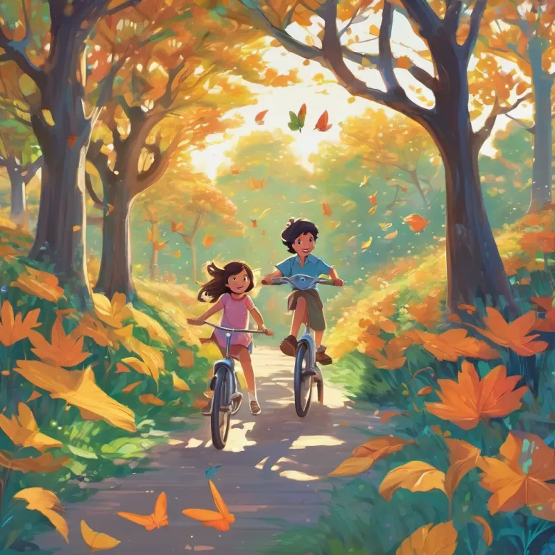 A mystical tree with twisting branches and shimmering leaves that appear to laugh. A young girl with bright eyes and a big smile, wearing a colorful dress and chasing butterflies and A young boy with an enthusiastic smile, riding a scooter with wind-blown hair standing underneath, laughing along.