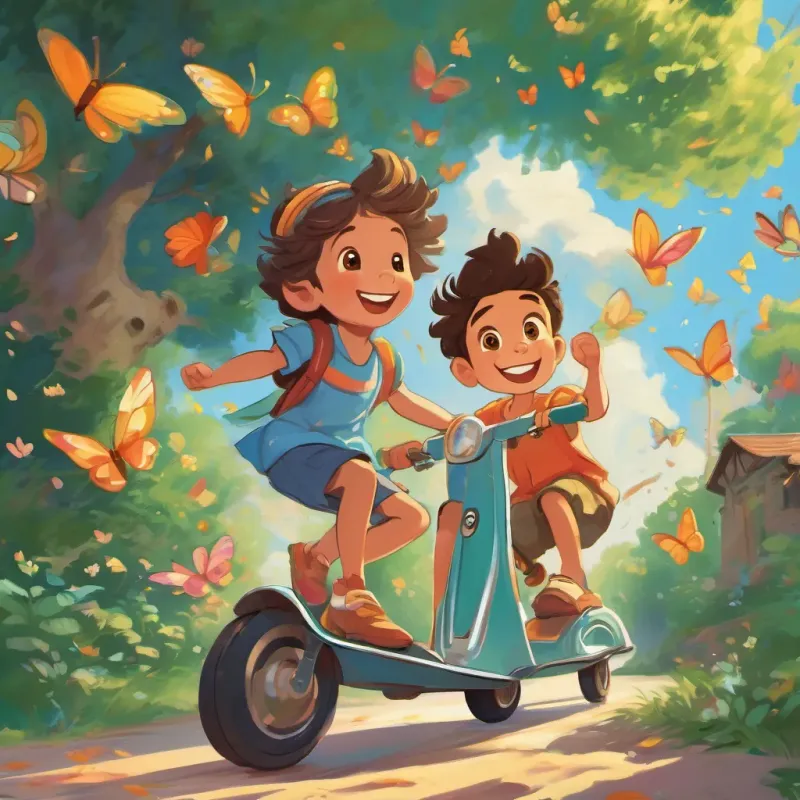 The laughing tree talking to A young girl with bright eyes and a big smile, wearing a colorful dress and chasing butterflies and A young boy with an enthusiastic smile, riding a scooter with wind-blown hair, its leaves shimmering brightly. A young girl with bright eyes and a big smile, wearing a colorful dress and chasing butterflies and A young boy with an enthusiastic smile, riding a scooter with wind-blown hair looking up in awe and excitement.