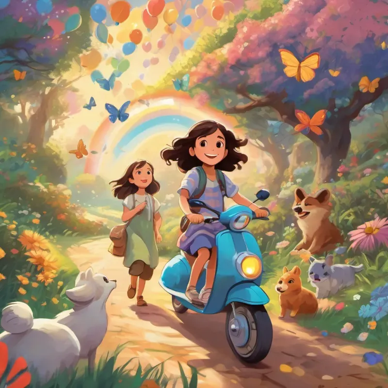 A dreamlike scene depicting the tales with brave animals and endless rainbows. A young girl with bright eyes and a big smile, wearing a colorful dress and chasing butterflies and A young boy with an enthusiastic smile, riding a scooter with wind-blown hair listening intently with wide-eyed wonder.
