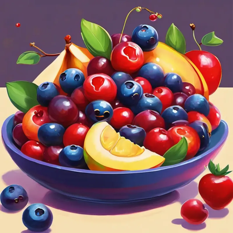 In a colorful fruit salad bowl, Berry is a round blueberry with a happy face He is plump and juicy the blueberry and Cherry is a bright red cherry with a smiling face She loves swinging in the breeze the red cherry lived happily together.