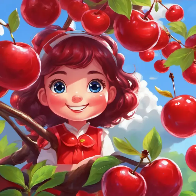 Cherry is a bright red cherry with a smiling face She loves swinging in the breeze, a bright red cherry with a smiling face, happily told Berry is a round blueberry with a happy face He is plump and juicy about her adventures on the cherry tree.