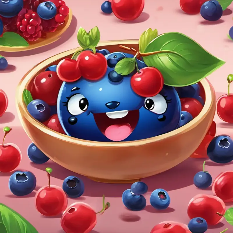 Berry is a round blueberry with a happy face He is plump and juicy and Cherry is a bright red cherry with a smiling face She loves swinging in the breeze happily joined the other fruits in the salad bowl, making it a colorful and tasty treat.