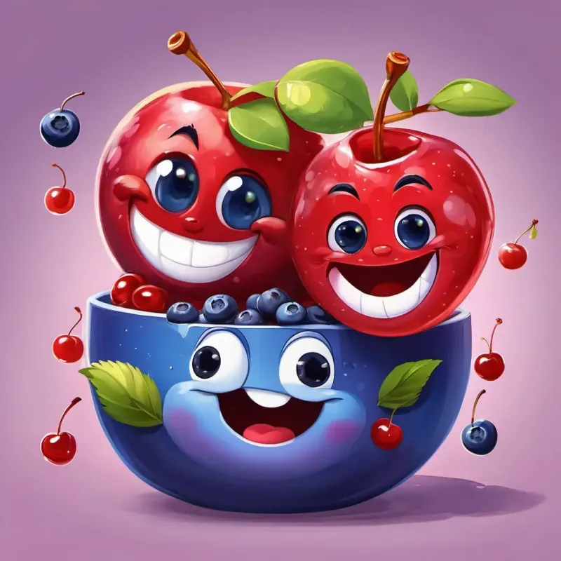 Berry is a round blueberry with a happy face He is plump and juicy and Cherry is a bright red cherry with a smiling face She loves swinging in the breeze became inseparable friends, bringing happiness and laughter to the fruit salad bowl.