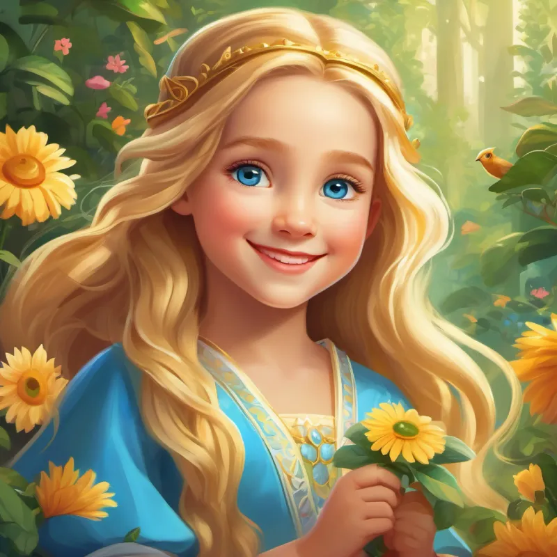 Introducing Princess Young princess with a bright smile and long golden hair, blue eyes and her joyful kingdom, full of gardens and animals.