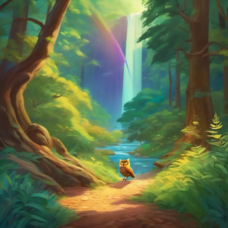 The search begins in the Whispering Woods, where an owl directs them to Rainbow Falls.