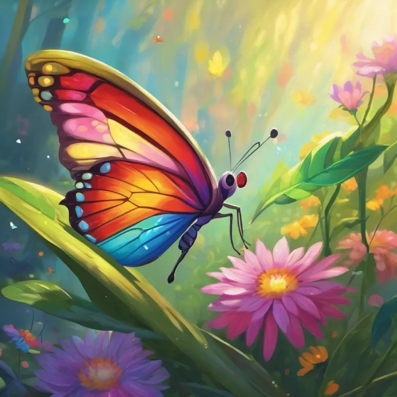 They find Tiny caterpillar, later a colorful butterfly, cheerful at Rainbow Falls, transforming into a butterfly inside a cocoon.