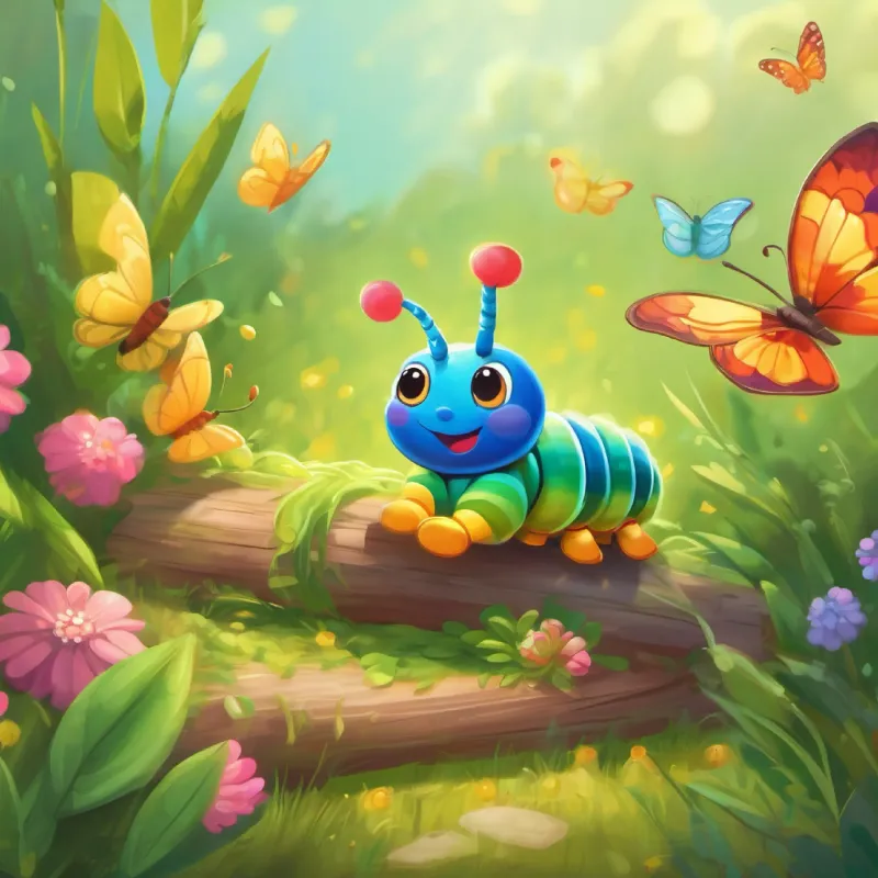 Tiny caterpillar, later a colorful butterfly, cheerful the butterfly emerges, they celebrate their friendship with a picnic.