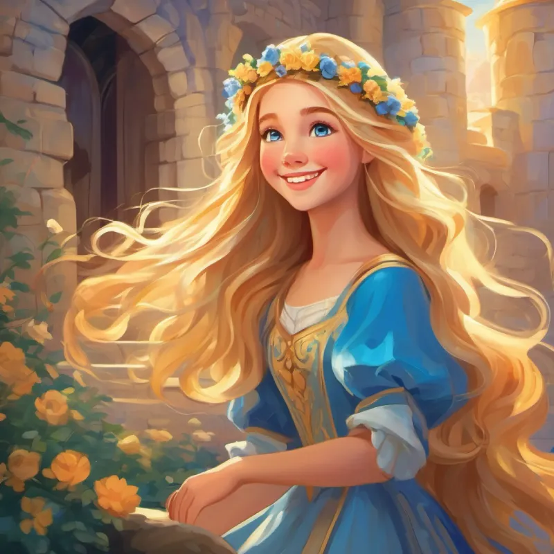 Young princess with a bright smile and long golden hair, blue eyes reflects on the forms of love and the friends return to the castle, feeling joyful.