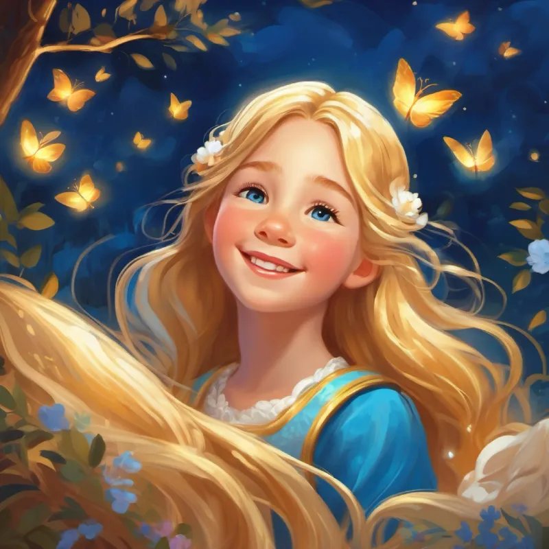 Young princess with a bright smile and long golden hair, blue eyes makes a wish for love for everyone and falls asleep, dreaming of more adventures.