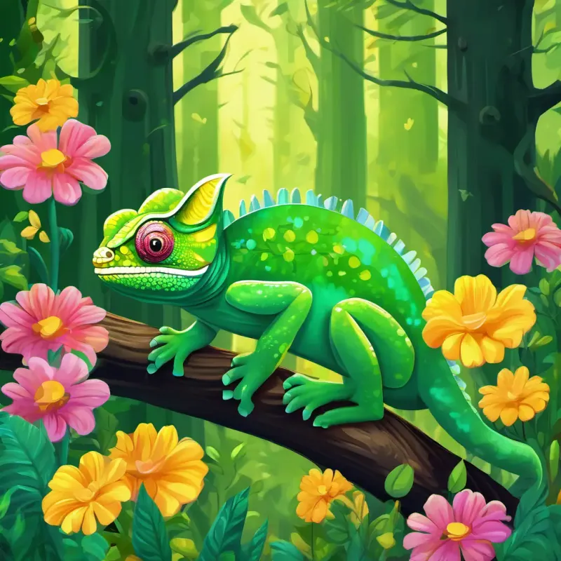 Bright green chameleon with big expressive yellow eyes (10 words max) the bright green chameleon is standing at the edge of a lush forest, surrounded by tall trees and colorful flowers.