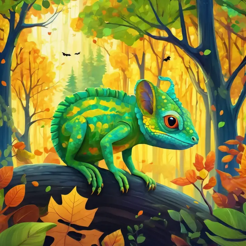 Bright green chameleon with big expressive yellow eyes (10 words max) is surrounded by tall trees, squirrels, birds, and a graceful deer in the colorful forest.