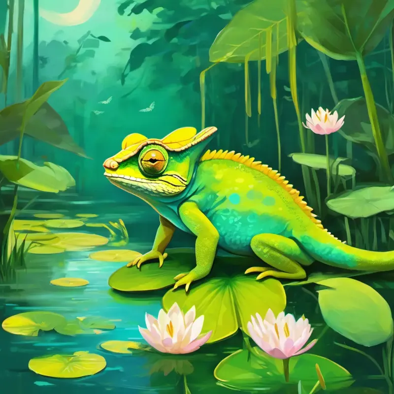Bright green chameleon with big expressive yellow eyes (10 words max) is near the calm water of a wetland, surrounded by lily pads, frogs, dragonflies, and ducks.