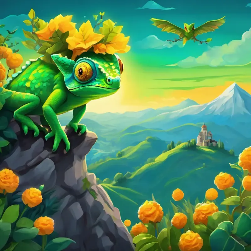 Bright green chameleon with big expressive yellow eyes (10 words max) is at the top of a mountain, overlooking the valleys and enjoying the sight of eagles, small animals, flowers, and plants.
