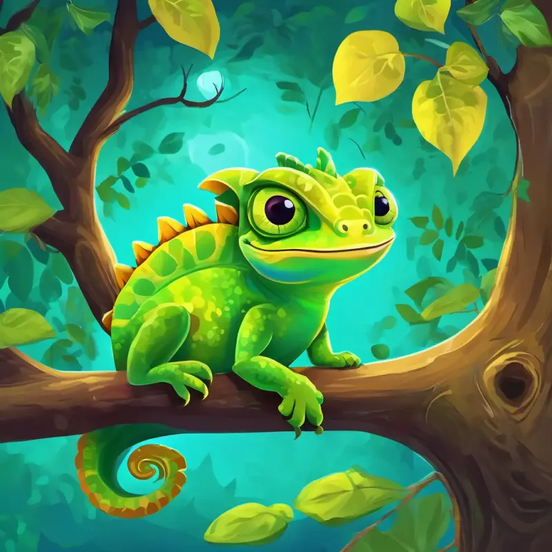 Bright green chameleon with big expressive yellow eyes (10 words max) is happily sitting on a tree branch, with a smile on his face and his eyes shining brightly.