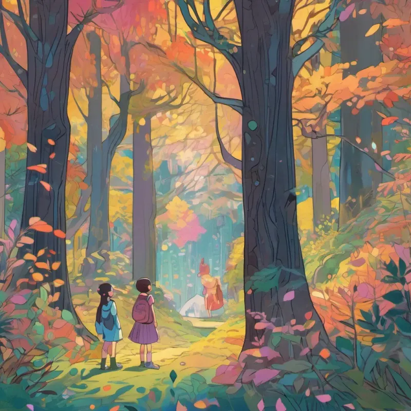 A shadowy forest clearing with an owl perched on a branch, looking concerned as it speaks to A young girl with sparkling eyes and an adventurous spirit, wearing colorful attire and her friends.