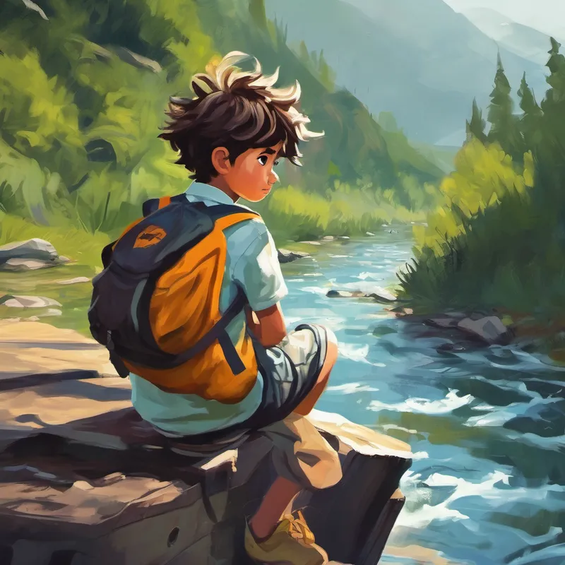 A sign saying 'Dangerous River' and A mischievous boy with messy hair and torn clothes. ignoring it