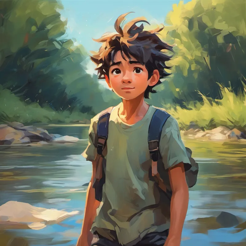 A mischievous boy with messy hair and torn clothes. struggling to stay afloat in the river