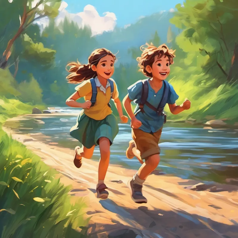 A kind girl with braided hair and a caring smile. running towards the river to save A mischievous boy with messy hair and torn clothes.