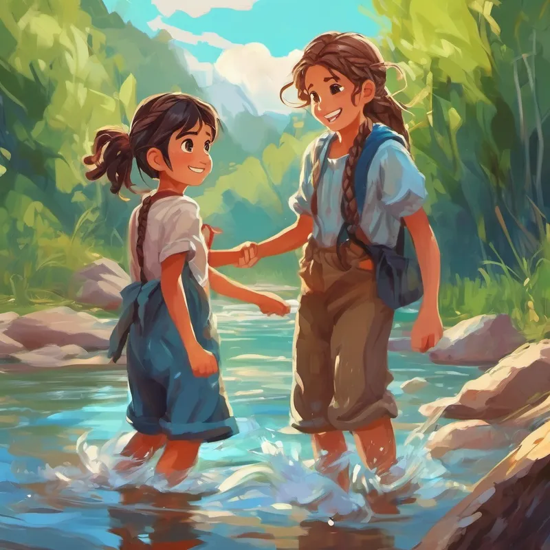 A kind girl with braided hair and a caring smile. helping A mischievous boy with messy hair and torn clothes. get out of the river