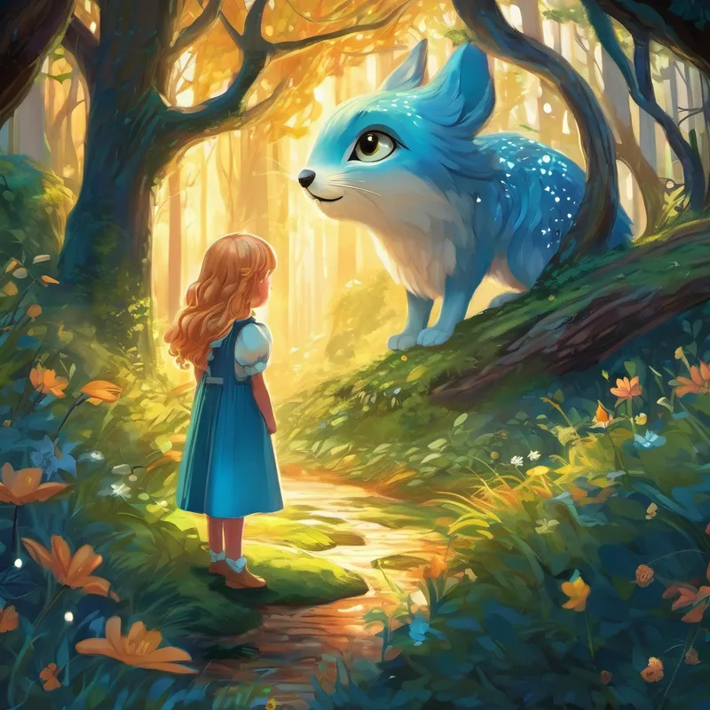 Once upon a time, in a magical forest filled with enchanting creatures, there lived a young, adventurous girl named Lily. She had sparkling blue eyes, curly golden hair, and a heart full of curiosity. Every night, Lily's parents would tuck her into bed under the canopy of twinkling stars. They would tell her stories of the magical forest and its many inhabitants, which would always make her eyes widen with wonder.