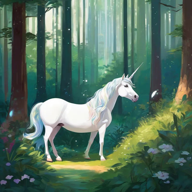 Without hesitation, Lily slipped out of her bed, put on her fluffy slippers, and tiptoed into the forest. The trees stood tall and majestic, their leaves whispering secrets amongst themselves. Lily followed the soft melody, which led her deeper into the heart of the woods. Suddenly, through a misty clearing, she spotted a unicorn, its coat shining like moonlight. Its horn had vibrant colors that changed as it danced to the music in the air. The unicorn's melodic humming continued, one with nature's symphony.