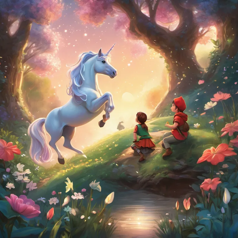 Lily approached the magical creature with wide eyes filled with awe. The unicorn gently lowered its head, inviting her to hop onto its back. Without hesitation, Lily climbed aboard, holding on tightly as they soared through the starlit sky. Together, they visited fairies that sprinkled magical dust, which made flowers of every color bloom around them. They met friendly elves who shared stories from their travels, and even stumbled upon a mischievous gnome playing pranks on the forest animals.