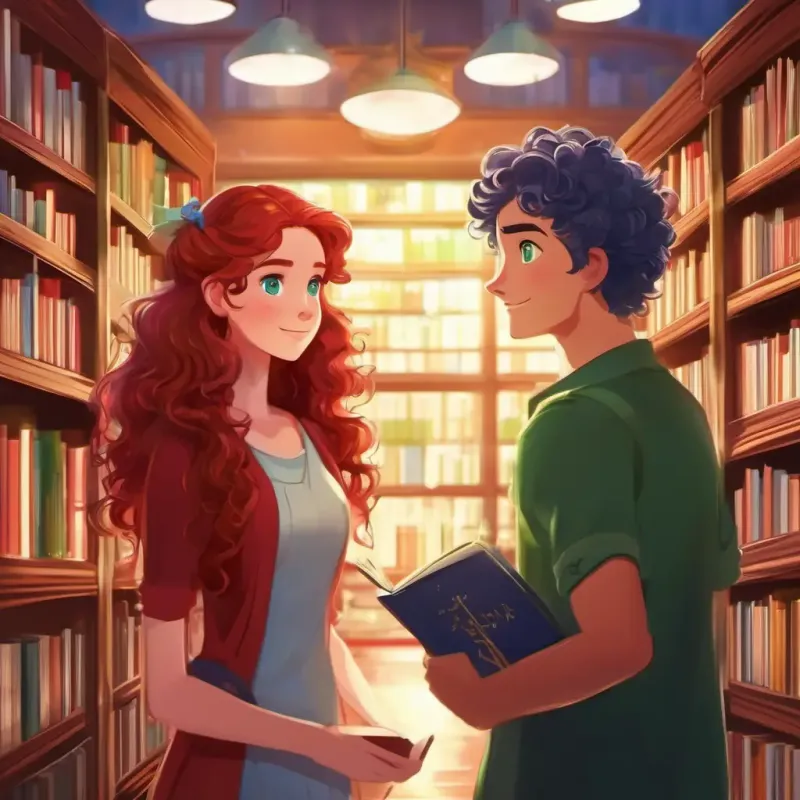 curly brown hair, sparkly blue eyes and straight red hair, twinkling green eyes find a message in the town library.